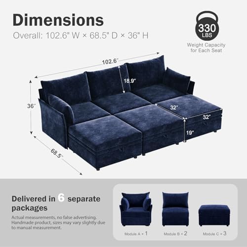 ABCASA 102.6" Modular Sleeper Sofa Bed, U Shaped Sectional Couch with Movable Stroage Ottoman, Large 6 Seat Couches for Living Room - Blue Chenille