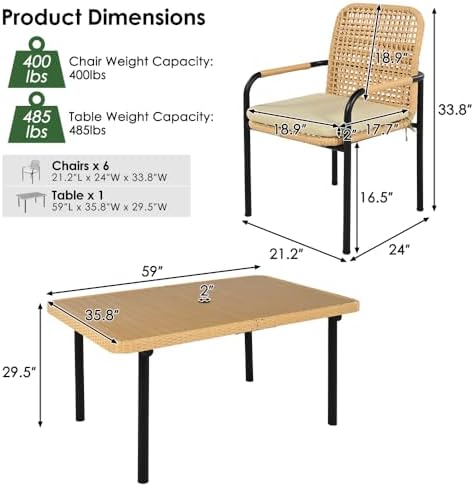 Outdoor Dining Set 7-Piece, Patio Furniture Set w Plastic-Wood Table Top with Umbrella Hole, Rattan Dining Set for Backyard, Garden, Beige Cushions (Oatmeal)