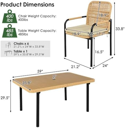 Outdoor Dining Set 7-Piece, Patio Furniture Set w Plastic-Wood Table Top with Umbrella Hole, Rattan Dining Set for Backyard, Garden, Beige Cushions (Oatmeal)