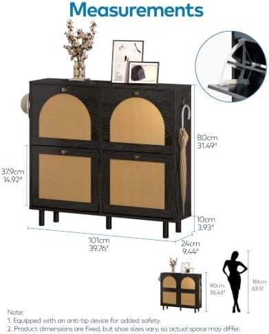 Narrow Rattan Shoe Storage Cabinet for Entryway with 4 Flip Drawers, 39.4" Wide Slim Freestanding Arched Woven Wood Hidden Shoe Organizer Cabinet for Hallway Foyer, (4 Flip Drawers, Black)