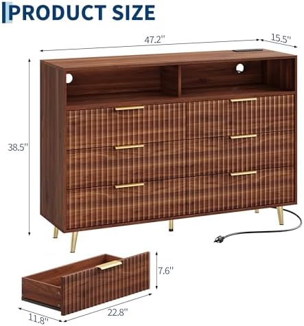 47.2 W 6 Drawer Dresser for Bedroom with LED and Charging Station, Walnut
