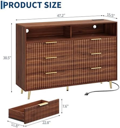 47.2 W 6 Drawer Dresser for Bedroom with LED and Charging Station, Walnut
