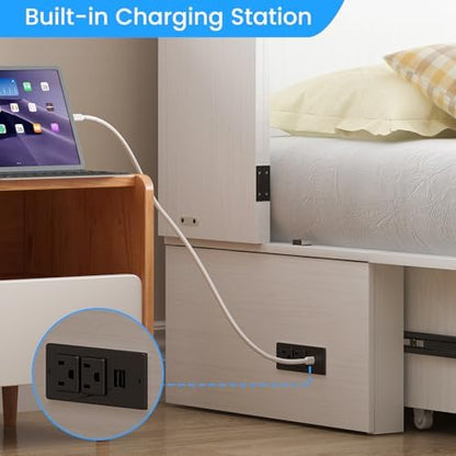 PUREMIND Queen Murphy Bed with Mattress Included, Hideaway Cabinet Bed with 2 Storage Drawers & USB Ports, Space‑Saving Bed for Guest Room, Apartment, Home Office, White