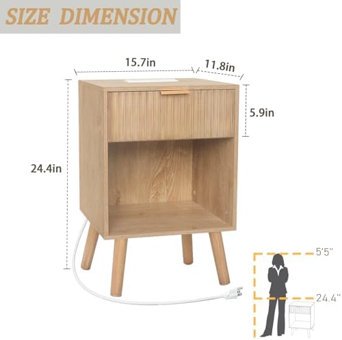 Wood Nightstand with Charging Station, Fluted Bedside Table