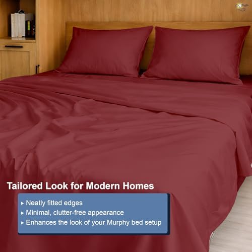 Cottington Lane Burgundy Sheets for Murphy Bed Mattress, 4 Piece Premium Ultra Soft Brushed Microfiber California King Size Wall Bed Sheet Set, 6-10 Inch Deep Pocket with All-Around Elastic