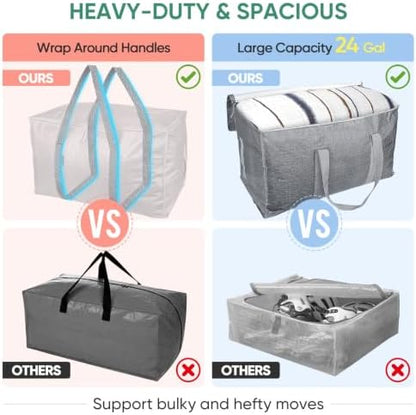 BALEINE 6-Pack Oversized Moving Bags with Reinforced Handles, Heavy-Duty Storage Tote for Clothes, Moving Supplies (Winter Grey, 6-Pack)