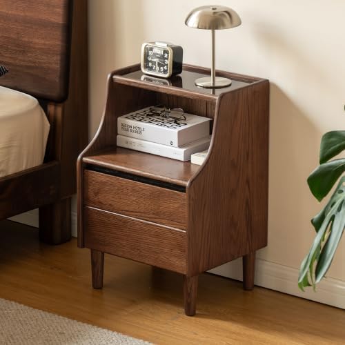 Solid Oak Wood Nightstand Drawer Open Storage Walnut Bedside Table