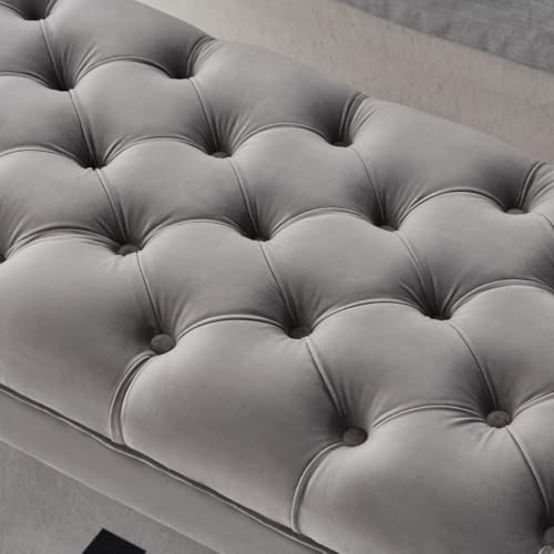 24KF Velvet Upholstered Buttons Tufted Entryway Bench with Solid Wood Leg,Bed Bench Ottoman with Padded Seat,5061N-Gray