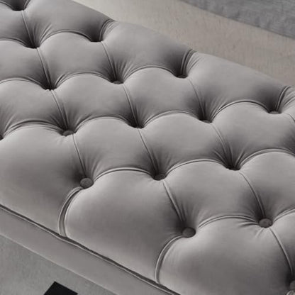 24KF Velvet Upholstered Buttons Tufted Entryway Bench with Solid Wood Leg,Bed Bench Ottoman with Padded Seat,5061N-Gray