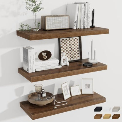 12 Deep Floating Shelves for Wall | 30W x 12D Large Floating Shelves | 3 Pack Storage Space Wall Mount Shelf for Living Room Bathroom Toilet Laundry Room Kitchen Home Office - Walnut