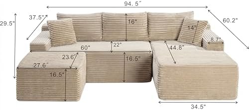 Camel Oversized Sectional Boneless Couches with Ottoman. Right Face Chaise
