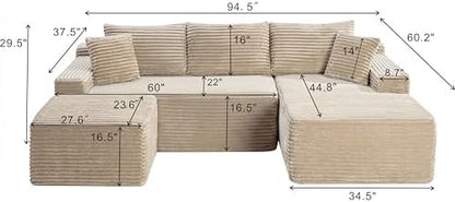 Camel Oversized Sectional Boneless Couches with Ottoman. Right Face Chaise