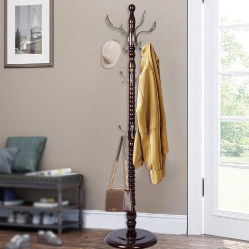 Wooden Coat Rack Freestanding, 14 Hooks, 73" Adjustable Height
