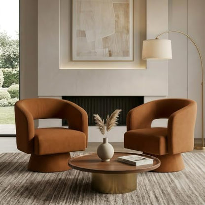Swivel Accent Chair Set of 2,Mid-Century Barrel Chair(Caramel-chenille)