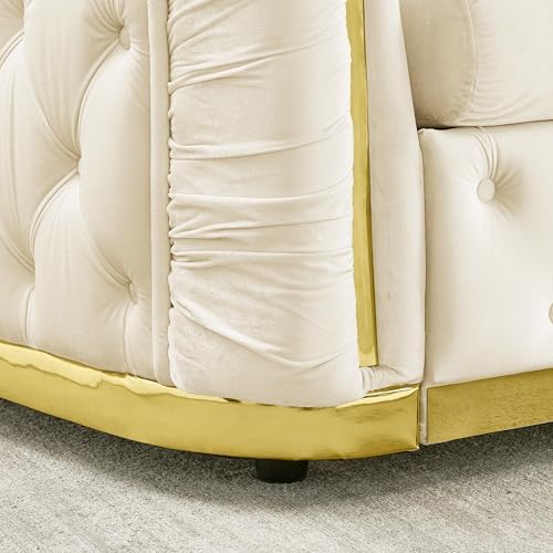 41" Luxury Oversized Velvet Chesterfield Sofa with 2 Pillow & Gold Stainless Decoration, Italian Modern Style 1-Seater Button Tufted Couch with Rolled Arms, Easy Assembly, for Living Room, Beige