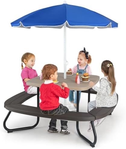 KOTEK 8-Person Kids Picnic Table, Toddler Activity Table with Removable Umbrella, 4 Built-in Benches, HDPE Top & Metal Frame, Kids Outdoor Table for Patio Garden Backyard (Coffee+Blue)