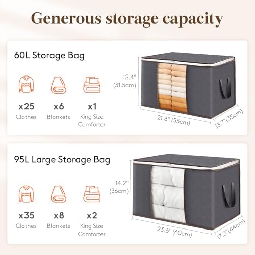 Lifewit 3 Pack 60L Clothes Storage Bins with Lids, Blanket Storage Bags