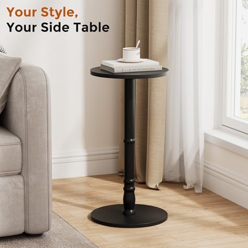 Round Side Table with Solid Wood Pillar, Small Drink Table