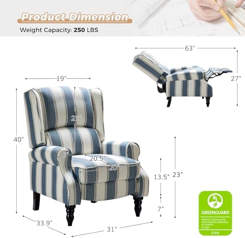 HULALA HOME Upholstered Wingback Recliner Chair Set of 2, Small Adjustable Footrest Push Back Single Reclining Sofa, Mid Century Modern Lounge Armchair for Living Room, Bedroom, Reading/Stripe Navy