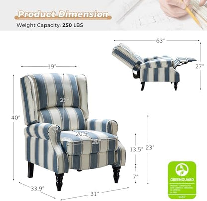 HULALA HOME Upholstered Wingback Recliner Chair Set of 2, Small Adjustable Footrest Push Back Single Reclining Sofa, Mid Century Modern Lounge Armchair for Living Room, Bedroom, Reading/Stripe Navy