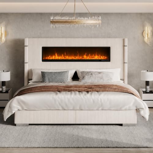 AMERLIFE King Bed Frame with Fireplace, Upholstered Headboard, Cream