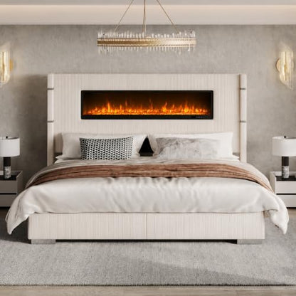 AMERLIFE King Bed Frame with Fireplace, Upholstered Headboard, Cream