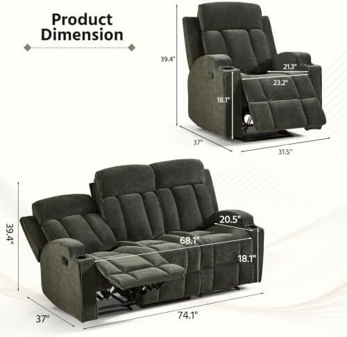 HAOMARKETS 2-Piece Manual Recliner Sofa Set, Included Loveseat 2-Seater with Center Console and 3-Seater Couches, Overstuffed Fabirc Reclining Couches with Cup Holders for Living Room, Green
