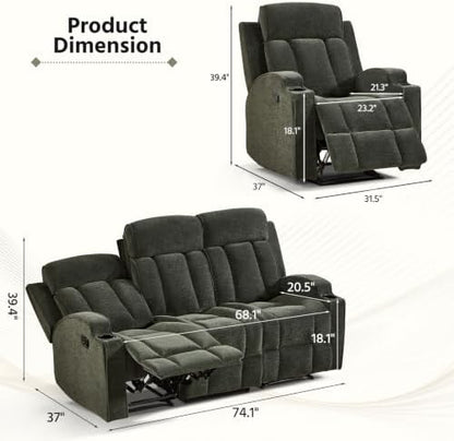 HAOMARKETS 2-Piece Manual Recliner Sofa Set, Included Loveseat 2-Seater with Center Console and 3-Seater Couches, Overstuffed Fabirc Reclining Couches with Cup Holders for Living Room, Green