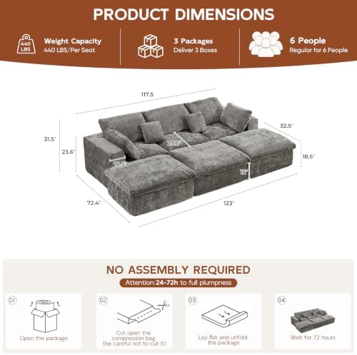 117.5" Oversized Boneless Sleeper Couch,Deep Seat Modular Sectional Sofa Bed,Boneless Couch Sleeper Sofa,Cloud Couch for Living Room,No Assembly,Chenille Light Grey