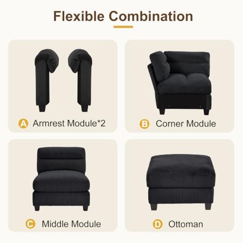 HAOMARKETS 115” Modular Sectional L Shaped Corner Sofa, Corduroy 6-Seater Couches with Thick Cushion for Living Room, Black