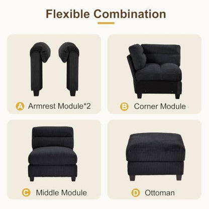 HAOMARKETS 90" Wide Modular L Shaped Sofa Couch with Movable Ottoman, Convertible Corduroy Sectional Couches with Reversible Chaises and Rolled Arm for Living Room,Black