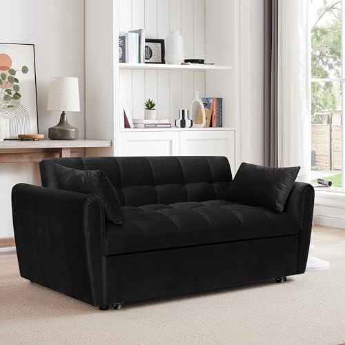 KEIKI 65" 3-in-1 Pull Out Sleeper Sofa Bed, Velvet Futon Loveseat with Adjustable Backrest, 2 Pillows and 500 lb Wood Frame for Guest Rooms, Overnight Guests, Apartments and Small Living Spaces