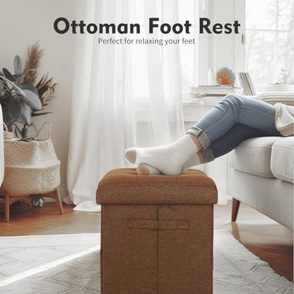Storage Ottoman Cube, Folding Linen Ottoman Foot Rest for Living Room Brown