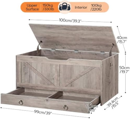 HOOBRO Storage Chest, 39.3" Toy Chest with Drawer, Wooden Storage Bench, Sturdy Entryway Bench Supports 330 lb, Safety Hinge, U-Shaped Opening, Easy Assembly, Greige BG710CW01G2