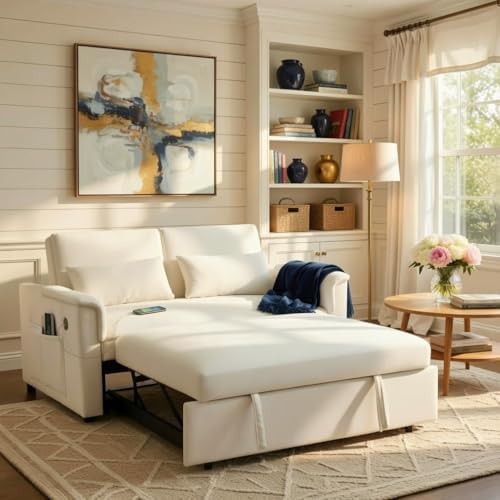 Convertible Sleeper Sofa Bed with USB Port & Side Pockets, White