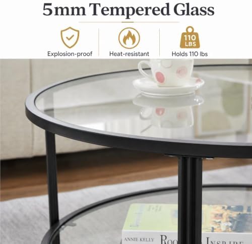 36" Round Glass Coffee Table,Black Circle Coffee Table with Storage