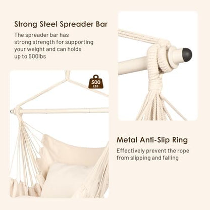 Highwild Hammock Chair Hanging Rope Swing - Max 500 Lbs - 2 Cushions Included - Steel Spreader Bar with Anti-Slip Rings - for Any Indoor or Outdoor Spaces (Beige)