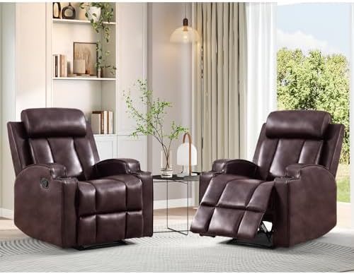 HAOMARKETS 2-Piece Manual Recliner Set, Premium Leather 2 Recliner Chair for Adults, Overstuffed Recliners with Cup Holders and Padded Backrest, Heavy Duty Reclining Sofa for Living Room, Dark Brown