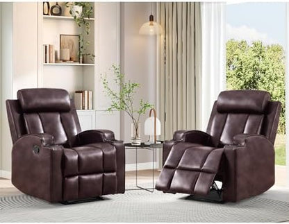 HAOMARKETS 2-Piece Manual Recliner Set, Premium Leather 2 Recliner Chair for Adults, Overstuffed Recliners with Cup Holders and Padded Backrest, Heavy Duty Reclining Sofa for Living Room, Dark Brown