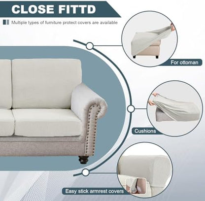 UNBBRRL Seat Cushion Cover and Back Covers for Corner Sofa Stretch Jacquard, Non Slip L Shaped Sofa Slipcover with Storage Ottoman, Sectional Couch Cover for Chaise Lounge (Ivory,24 x 56 x 6”)