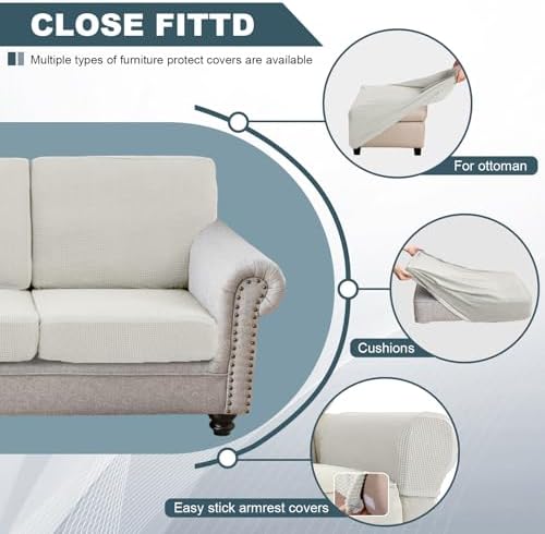UNBBRRL Seat Cushion Cover and Back Covers for Corner Sofa Stretch Jacquard, Non Slip L Shaped Sofa Slipcover with Storage Ottoman, Sectional Couch Cover for Chaise Lounge (Ivory,39 x 69 x 6”)