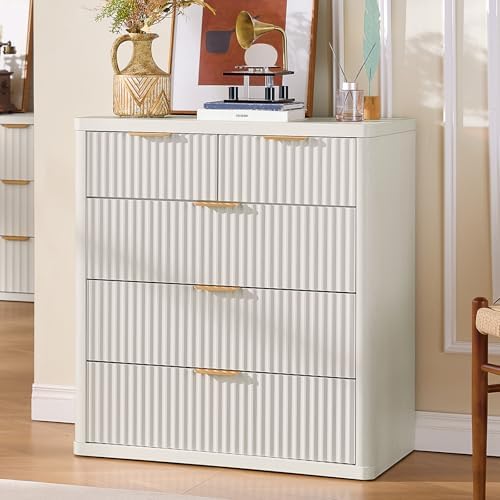 LEYAOYAO Fluted 5 Drawers Dresser for Bedroom, 34" Tall Modern Chest of Drawers with Metal Handle, Curved Profile Design,White Wood Drawer Organizer for Bedroom, Living Room, Hallway, Entryway
