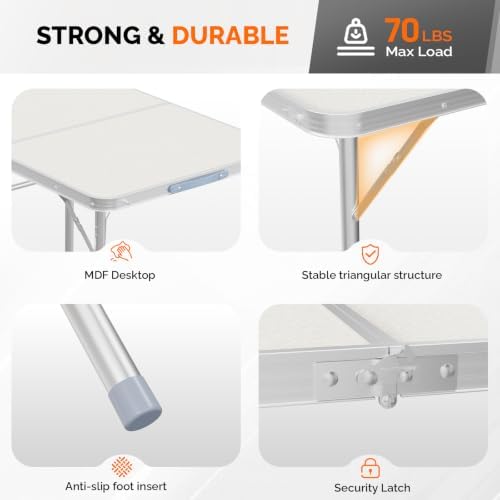 VINGLI 3FT Small Camping Folding Table Adjustable Height Aluminum Folding Table for Picnic Party BBQ, Plastic RV Suitcase Table Portable Lightweight Fold Up Utility Outdoor Tables