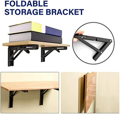 Folding Shelf Brackets,Wall Mounted Shelf Brackets,Heavy Duty Shelf Bracket,Black Metal Shelf Brackets for Bendable Table,Space Saving (18 Inch 6 Pcs)