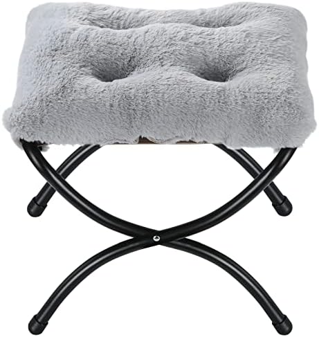 15" Faux Fur Upholstered Folding Foot Rest Stool with Metal Frame Grey