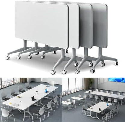 Folding Conference Table Modern Large Mobile Meeting Table Rolling Conference Room Tables with Wheels Seminar Tables for Office Training Classroom (4, White, 47.2" D X 23.6" W X 29.5" H)