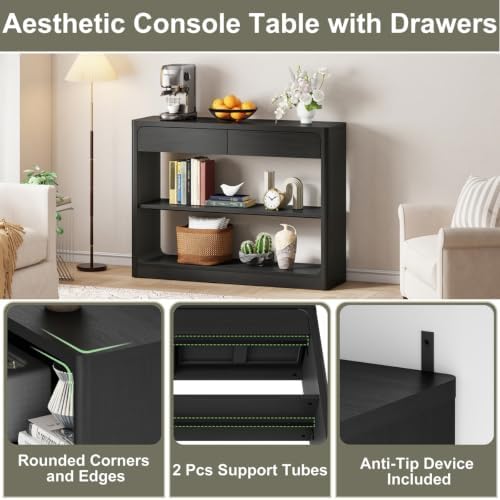 FATORRI Console Table with 2 Drawers, 43.3 Inch Farmhouse Narrow Entryway Table with Storage Shelves, Rustic Sofa Tables Behind the Couch for Hallway, Living Room, Foyer (Black)