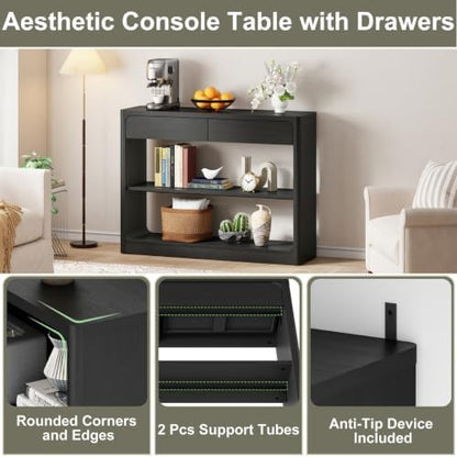FATORRI Console Table with 2 Drawers, 43.3 Inch Farmhouse Narrow Entryway Table with Storage Shelves, Rustic Sofa Tables Behind the Couch for Hallway, Living Room, Foyer (Black)