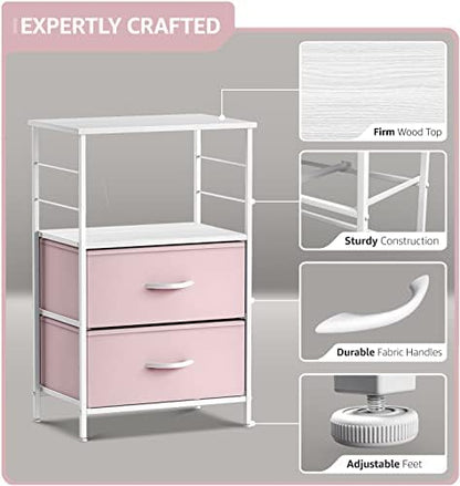Sorbus 2 Drawer Shelf Storage Nightstand - Kids Bedside Furniture End Table Night Stand with Steel Frame Wood Top & Easy Pull Fabric Bins, Dresser & Chest for Home Bedroom Accessories Office & College