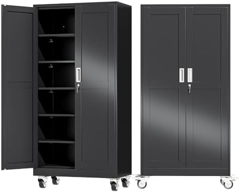 Ckzbx Metal Large Garage Storage Cabinet with Locking Doors and Adjustable Shelves,73.6" H Rolling Tool Storage with Wheels for Garage,Office (Black)